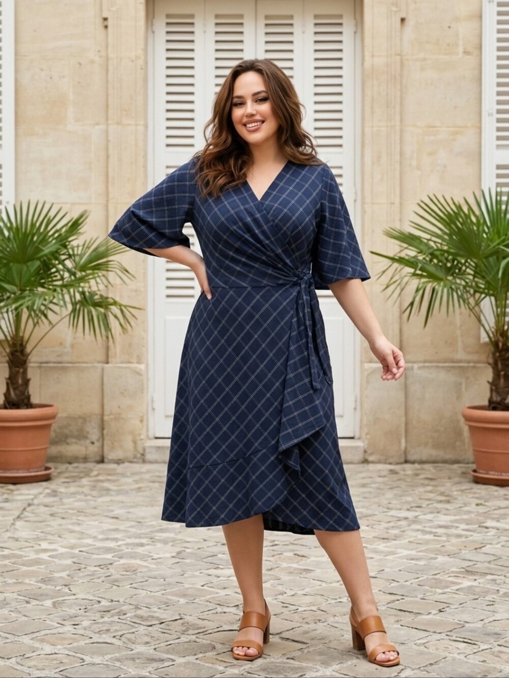 Lane Bryant Navy Plaid Wrap Midi Dress